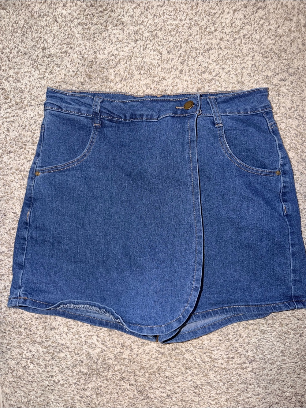 bebe Dark Blue Denim Wrap-Style Mini Skirt